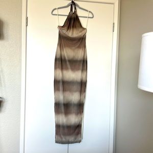 Fashion Nova Brown/Cream Long Halter dress with large slit on side